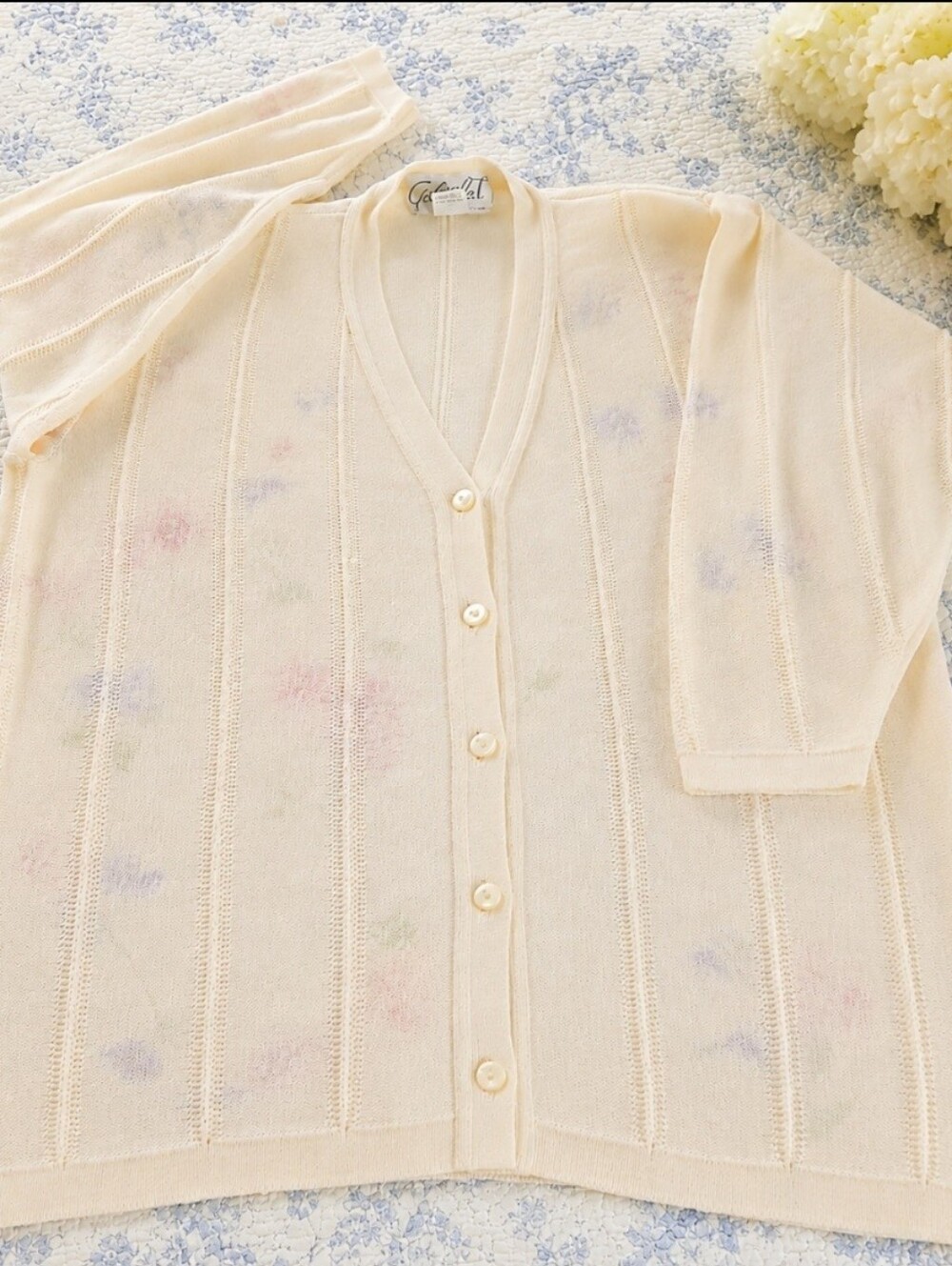 Vintage Gabriella T. Sweater With Fun Stitches And Faint Floral Designs